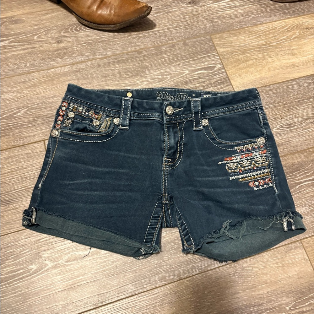 Miss Me Dark Blue Embroidered Jean Shorts